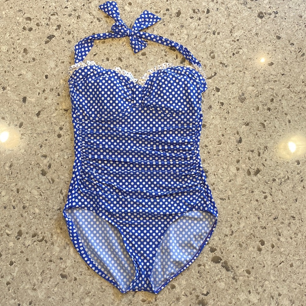Curvallure One Piece Swim Suit Blue & White Polka Dot Size 14